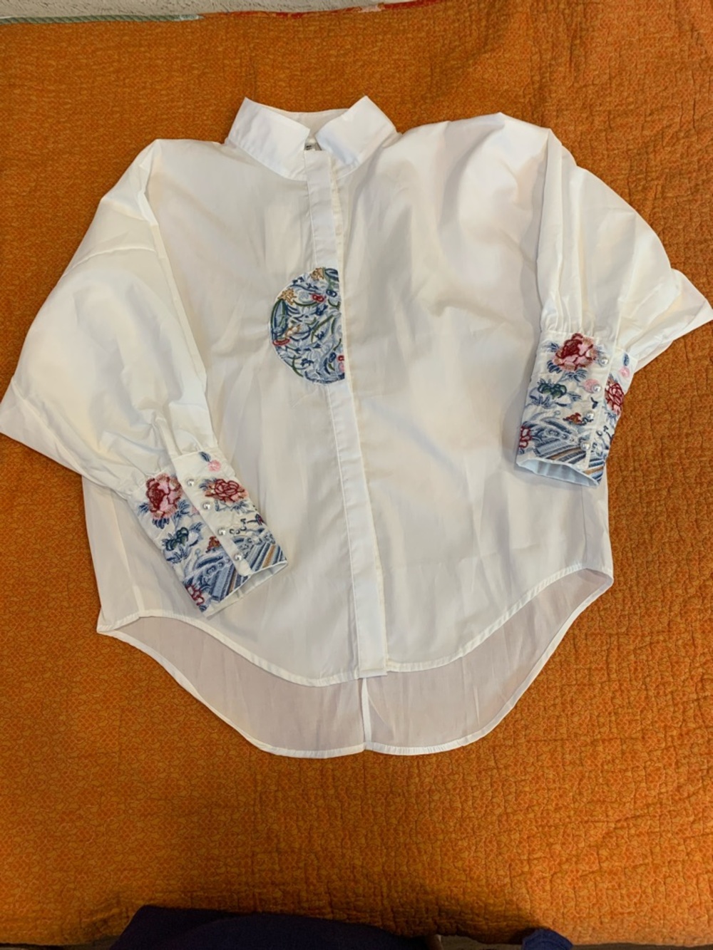 Max Studio White Collared Shirt with Blue Embroidery